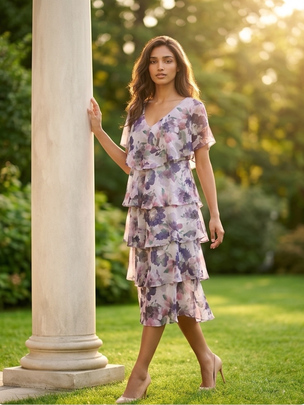 SL Fashions Lavender Tiered Floral Midi Skirt